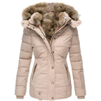 Women's Winter Quilted Jacket with Detachable Hood and Slim Fit - Beige