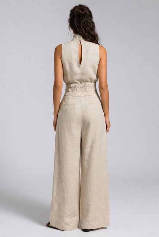 Damen Premium Leinen Zweiteiler mit weitem Bein Sommer Mode
