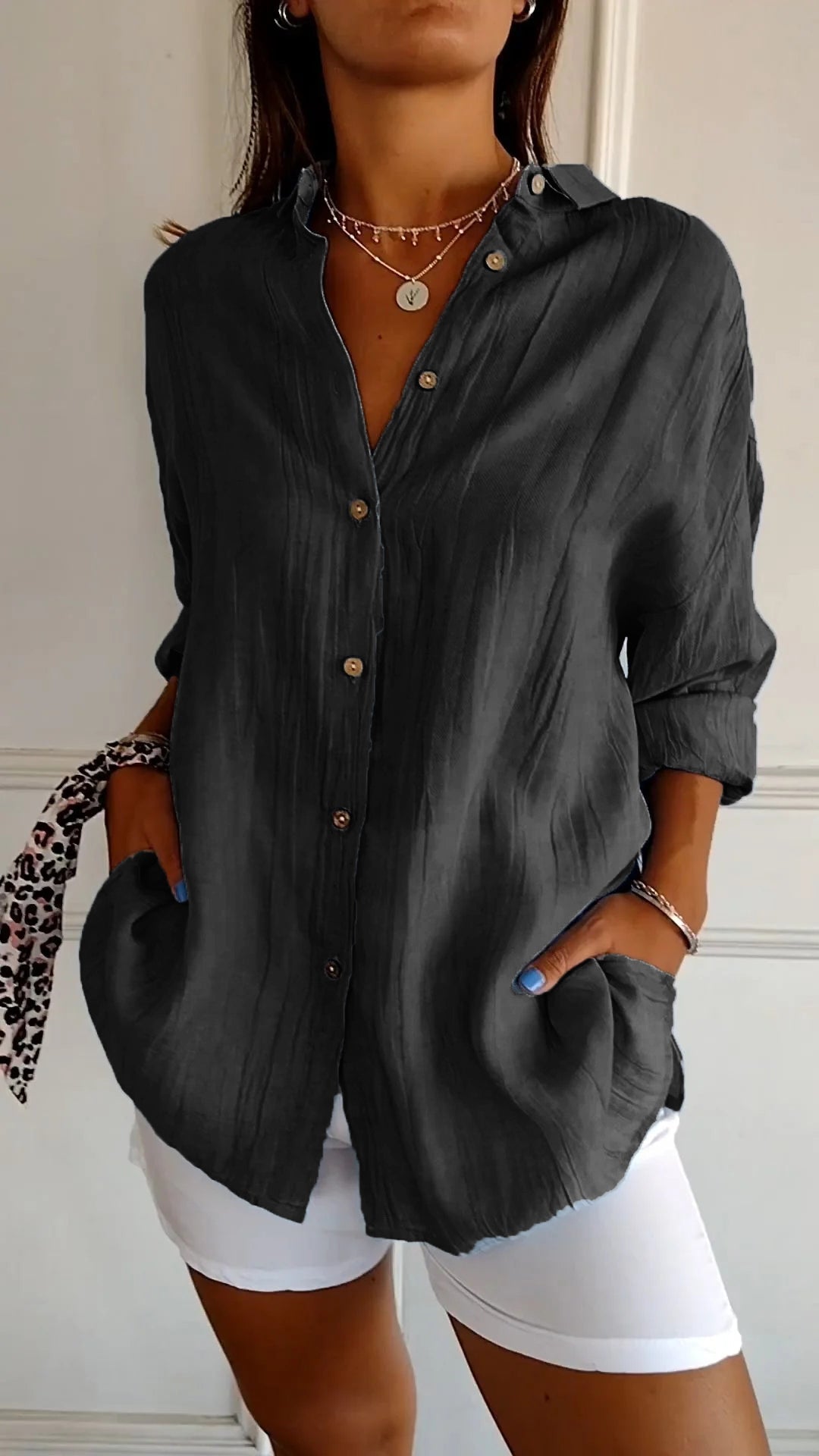 Women's Autumn Blouse with Pleated Detail, Long Sleeves and Fitted Collar - Black