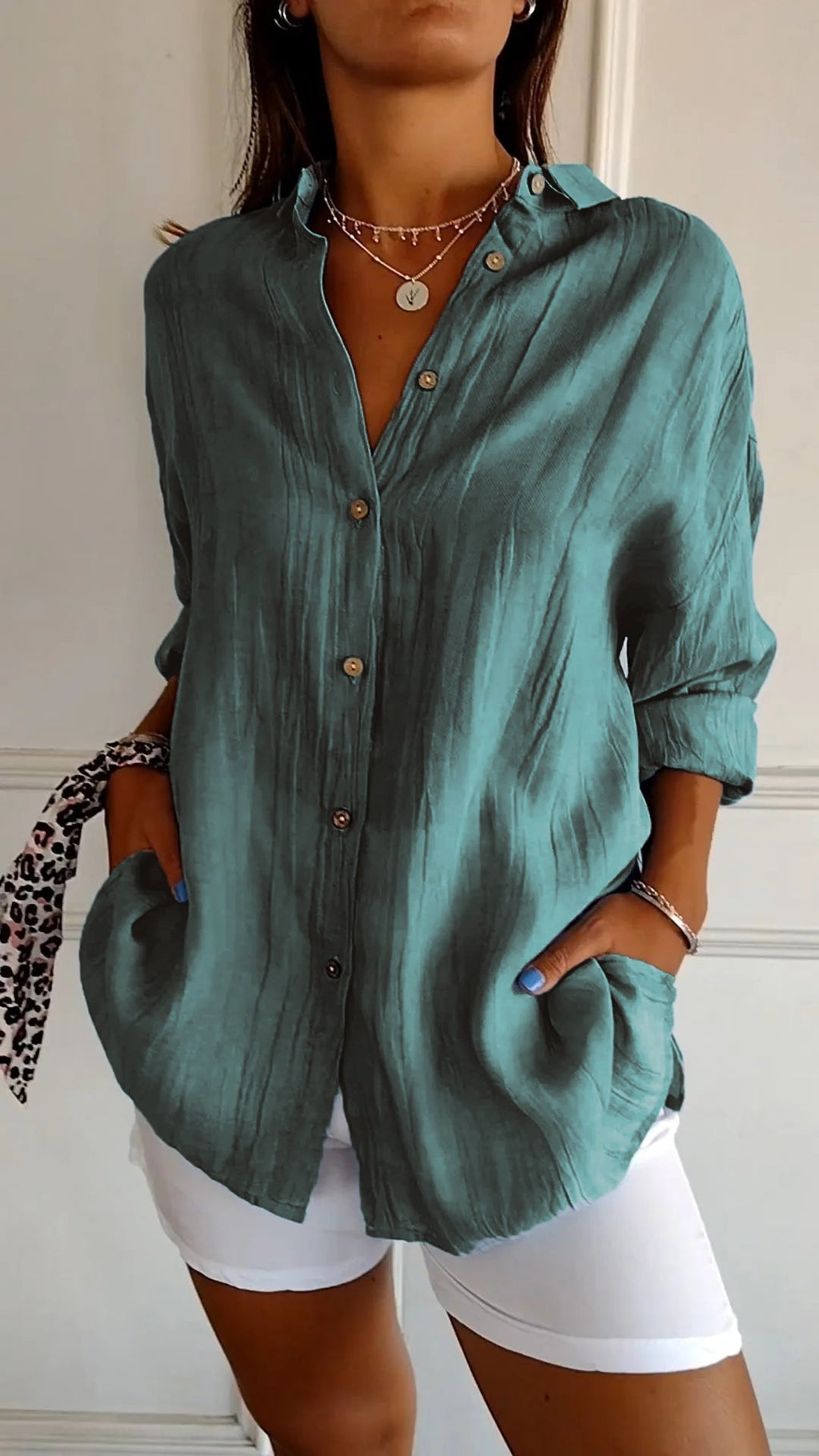Women's Autumn Blouse with Pleated Detail, Long Sleeves and Fitted Collar - Sea Green