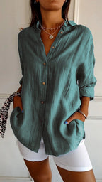Women's Autumn Blouse with Pleated Detail, Long Sleeves and Fitted Collar - Sea Green