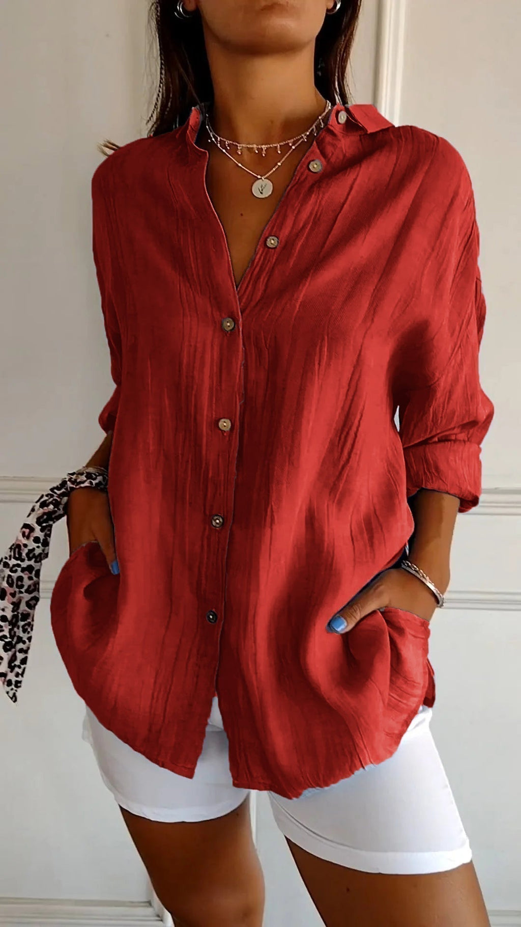 Women's Autumn Blouse with Pleated Detail, Long Sleeves and Fitted Collar - Red