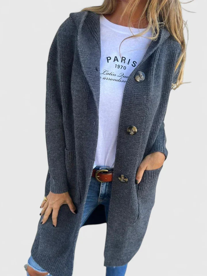 Lange Damen-Strickjacke mit Knopfleiste und tiefen Fronttaschen