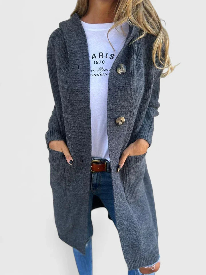 Lange Damen-Strickjacke mit Knopfleiste und tiefen Fronttaschen