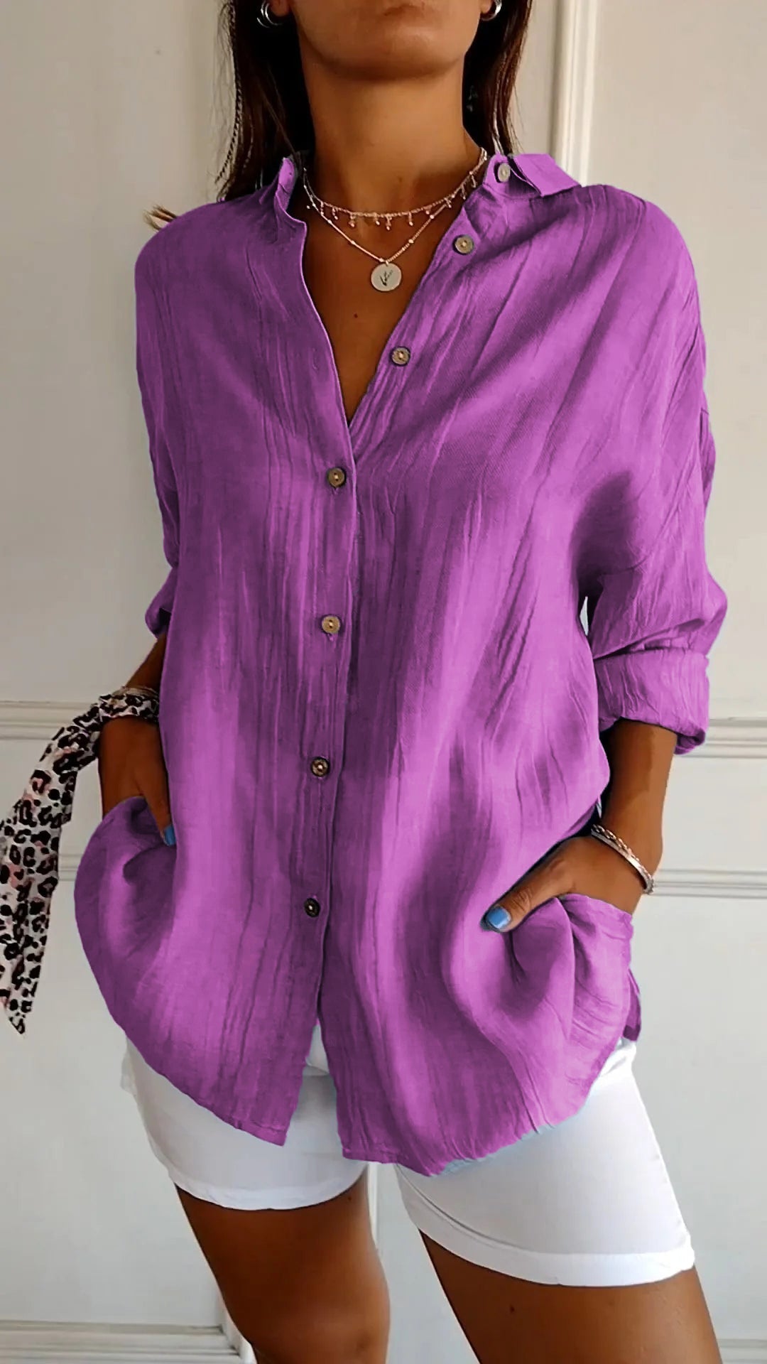 Women's Autumn Blouse with Pleated Detail, Long Sleeves and Fitted Collar - Purple