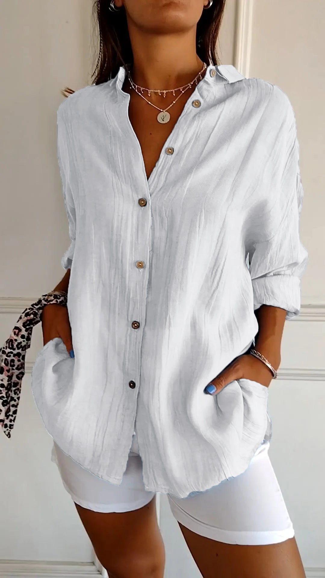 Women's Autumn Blouse with Pleated Detail, Long Sleeves and Fitted Collar - White