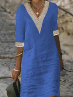 Women's Autumn Dress with V-Neck, Lace Trim and 3/4 Sleeves - Blue