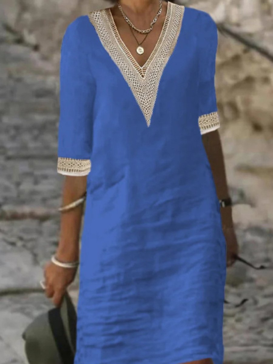 Women's Autumn Dress with V-Neck, Lace Trim and 3/4 Sleeves - Blue