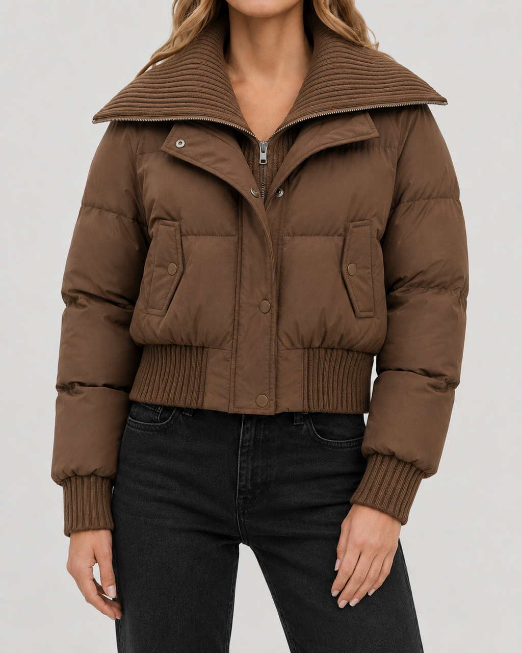 Kurze Steppjacke mit Strickkragen für Damen