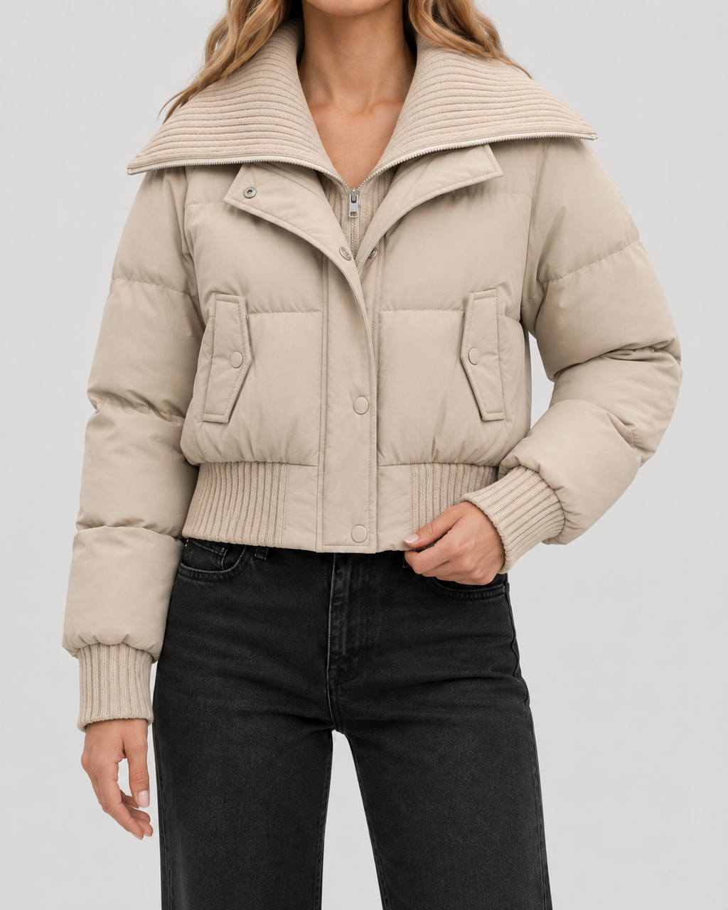 Kurze Steppjacke mit Strickkragen für Damen