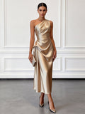 Women's One-Shoulder Ruched Sheen Midi Dress