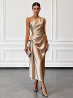 Women's One-Shoulder Ruched Sheen Midi Dress