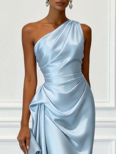 Women's One-Shoulder Ruched Sheen Midi Dress