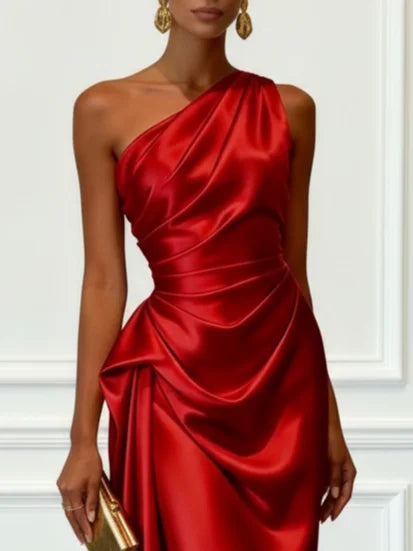 Women's One-Shoulder Ruched Sheen Midi Dress
