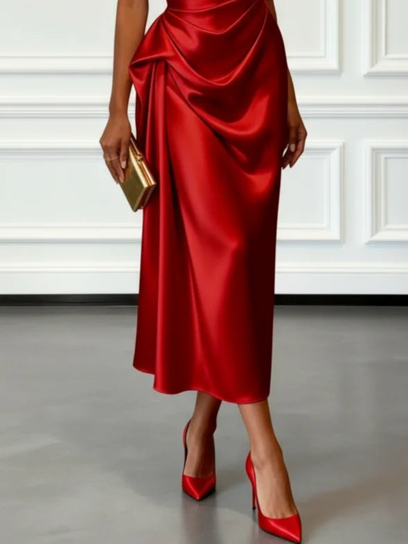 Women's One-Shoulder Ruched Sheen Midi Dress