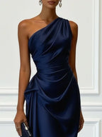 Women's One-Shoulder Ruched Sheen Midi Dress