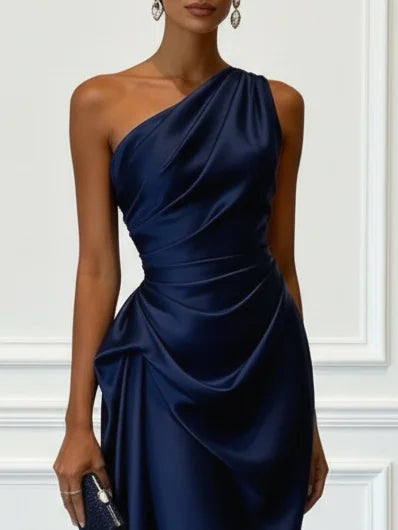 Women's One-Shoulder Ruched Sheen Midi Dress