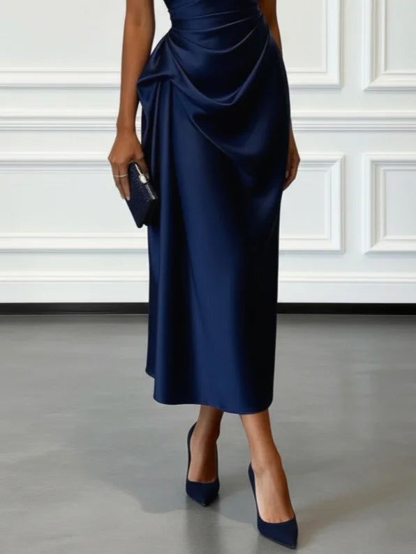 Women's One-Shoulder Ruched Sheen Midi Dress