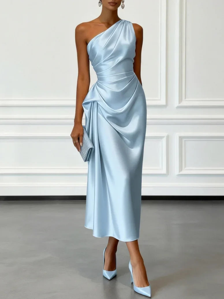 Women's One-Shoulder Ruched Sheen Midi Dress