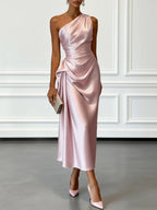 Women's One-Shoulder Ruched Sheen Midi Dress