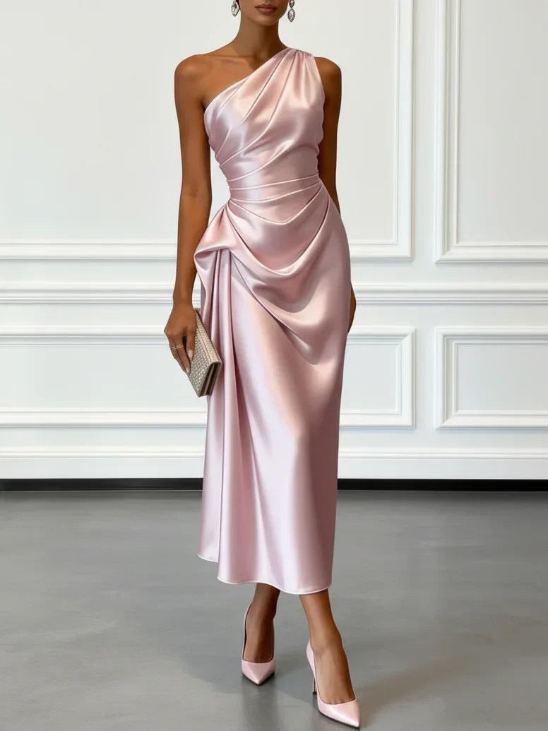 Women's One-Shoulder Ruched Sheen Midi Dress