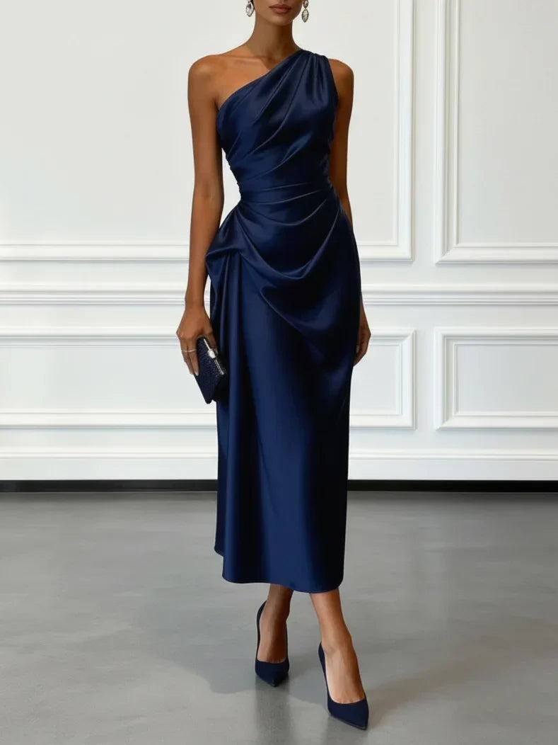 Women's One-Shoulder Ruched Sheen Midi Dress
