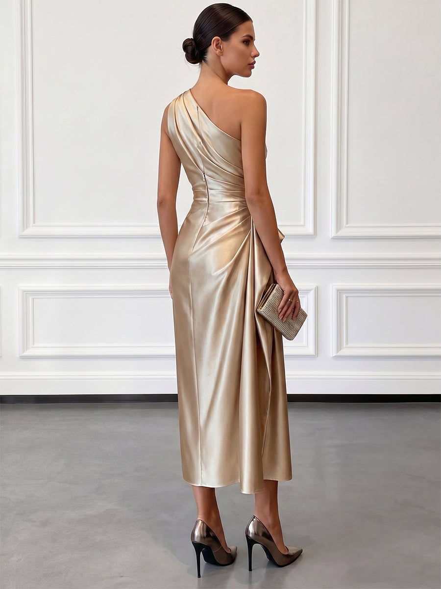 Women's One-Shoulder Ruched Sheen Midi Dress