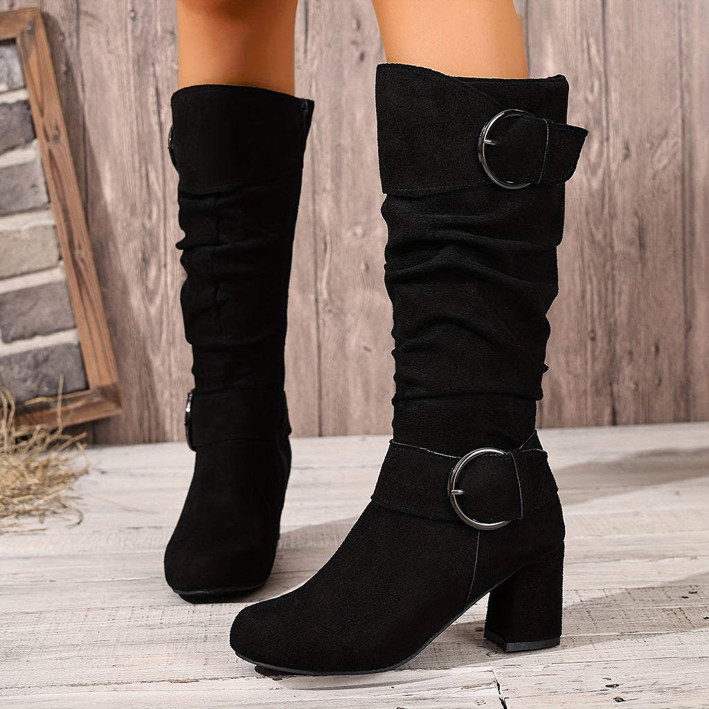 Damen-Stiefel mit gerafftem Schaft und Blockabsatz, kniehoch