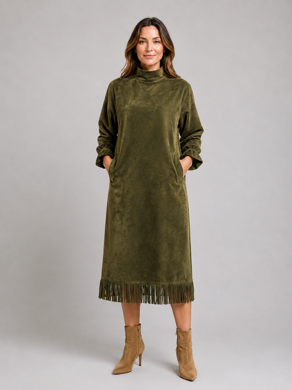 Midikleid in Wildleder-Optik mit Stehkragen und Fr Saum