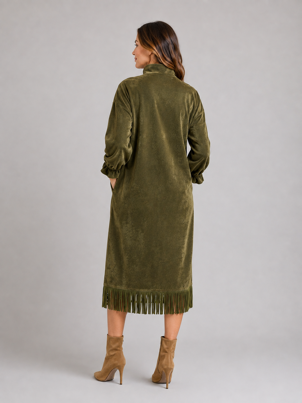 Midikleid in Wildleder-Optik mit Stehkragen und Fr Saum