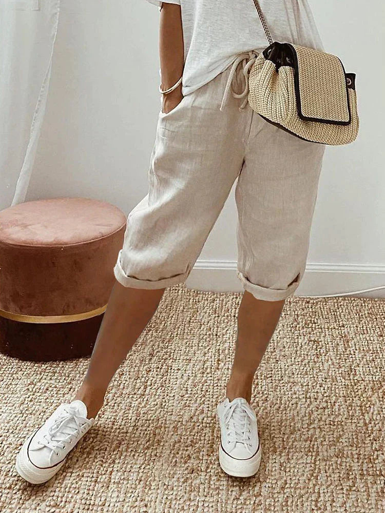 Women's Cotton Shorts with Elastic Waistband – Perfect for Summer - Beige