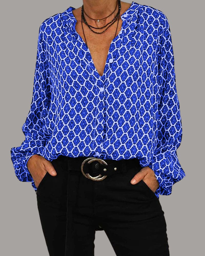Women's Blouse with V-Neck, Long Sleeves, Button Detail and Geometric Pattern - Blue