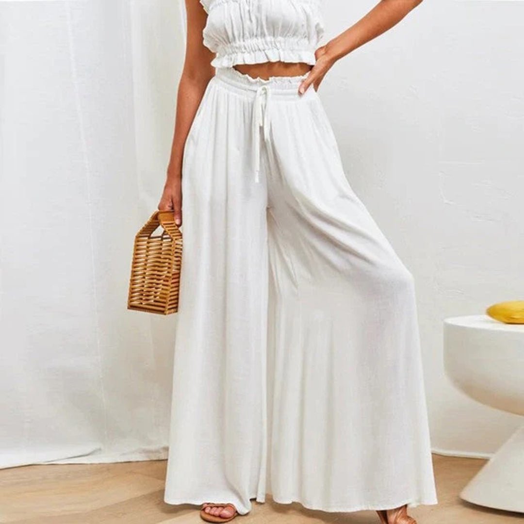 Women's High-Waist Linen Wide Leg Pants With Drawstring and Pockets