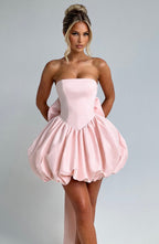 Women’s Strapless Puff Ball Mini Dress | Boned Bodice Lace Up Back With Detachable Bow