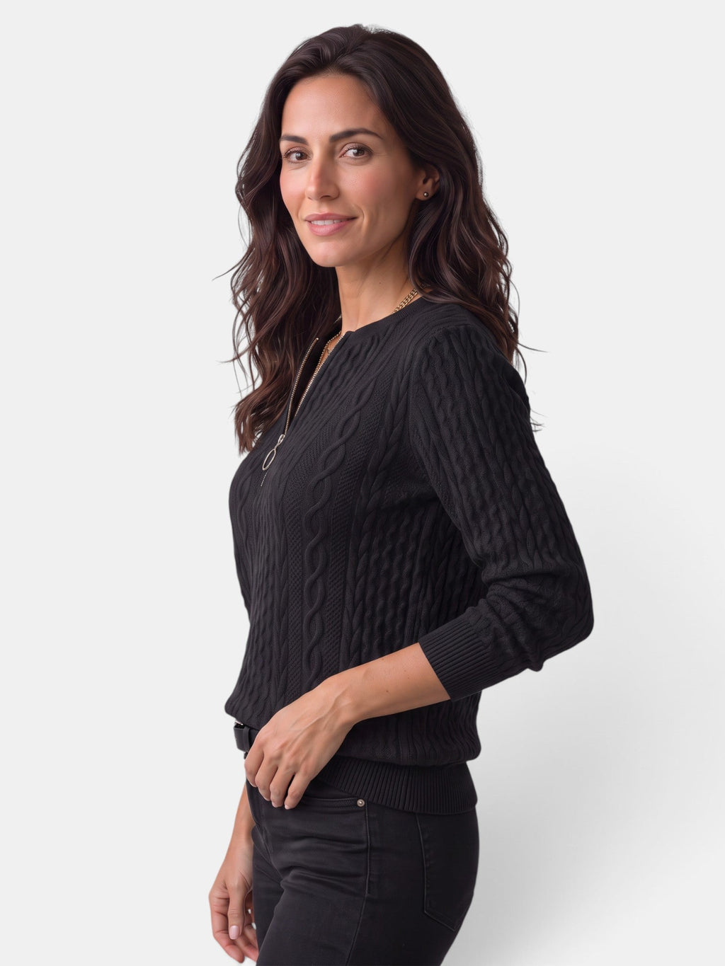 Damen-Strickjacke mit Zopfmuster und Reißverschluss