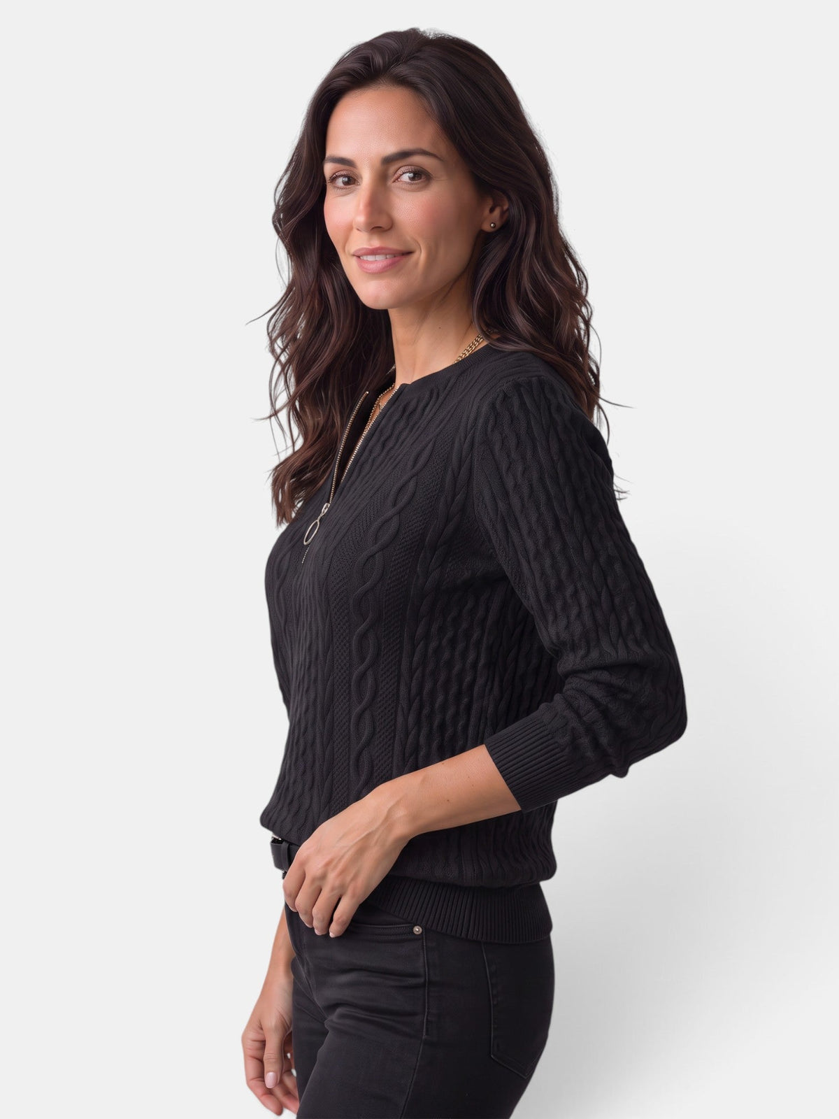 Damen-Strickjacke mit Zopfmuster und Reißverschluss