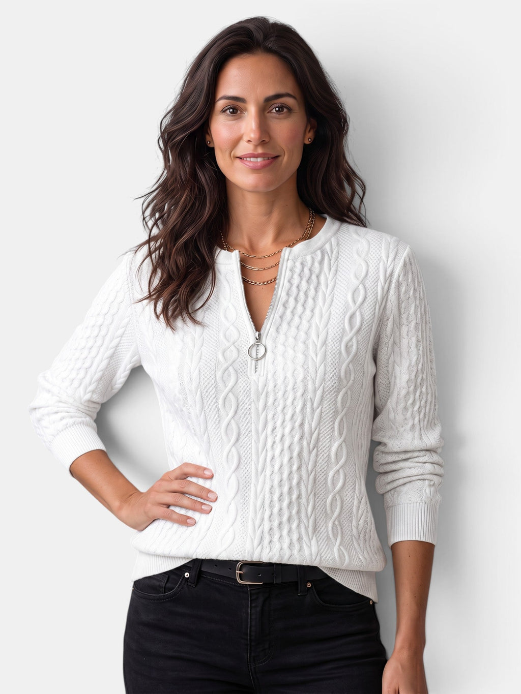 Damen-Strickjacke mit Zopfmuster und Reißverschluss
