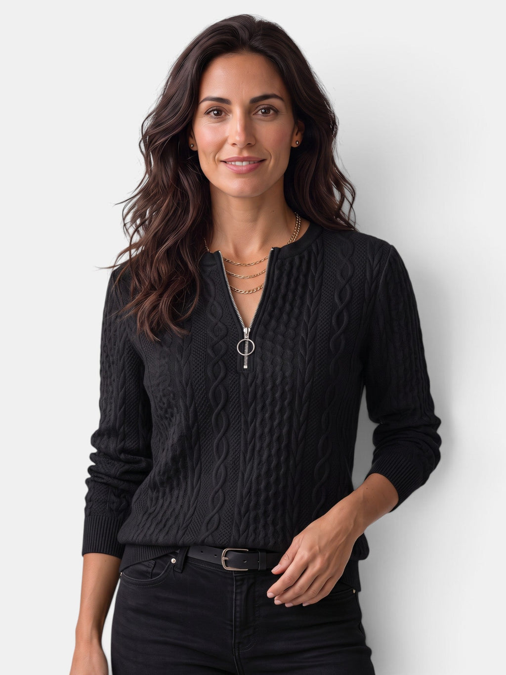 Damen-Strickjacke mit Zopfmuster und Reißverschluss