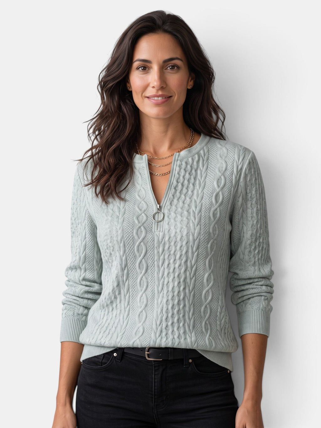 Damen-Strickjacke mit Zopfmuster und Reißverschluss