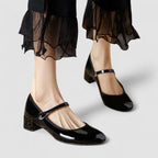 Women's Mary Jane Shoes with Buckle Strap and Flat Sole - Black
