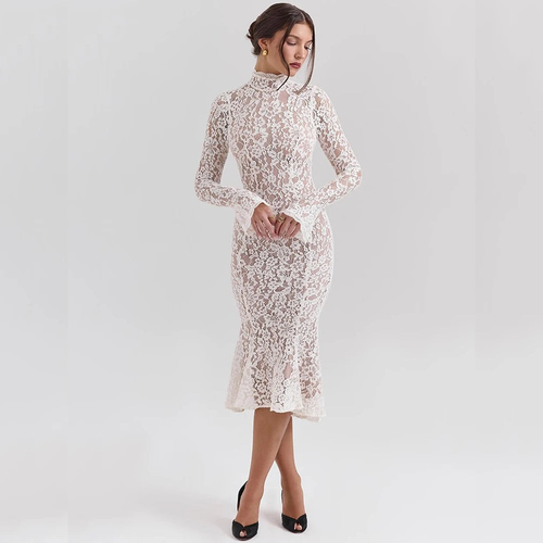 Elegant Lace Dress with Stand Up Collar | Formal Midi Dress