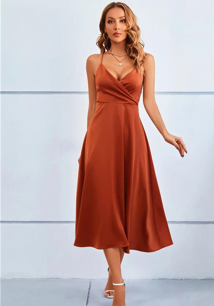 Glacier - Elegant Satin Wrap-Style Midi Dress for Autumn - Brown