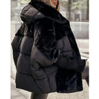 Women's Winter Quilted Jacket with Patchwork Design and Hood in Oversized Fit - Black