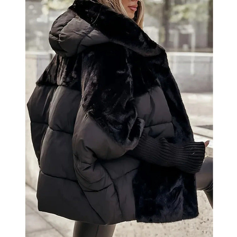 Women's Winter Quilted Jacket with Patchwork Design and Hood in Oversized Fit - Black