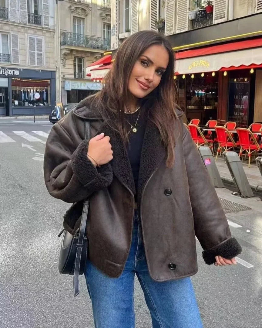 Zweireihige Wildlederjacke mit steigendem Revers für Damen