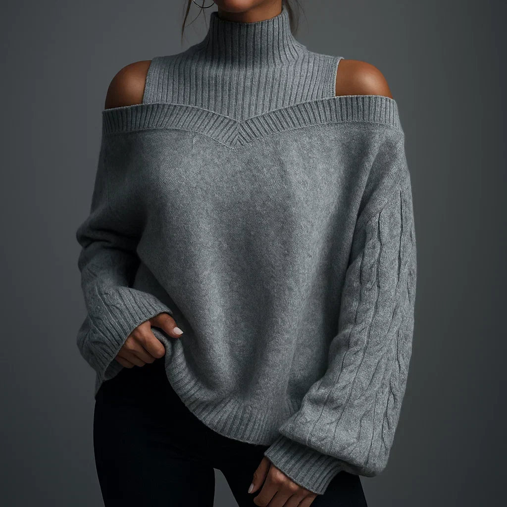 Women's Turtleneck Sweater with Cold-Shoulder Detail and Textured Knit - Stone Gray
