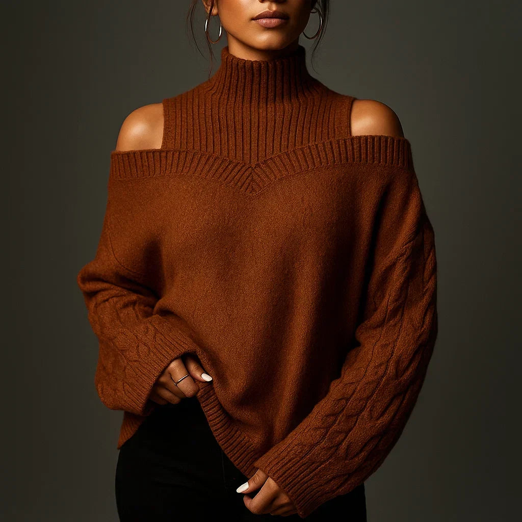Women's Turtleneck Sweater with Cold-Shoulder Detail and Textured Knit - Camel