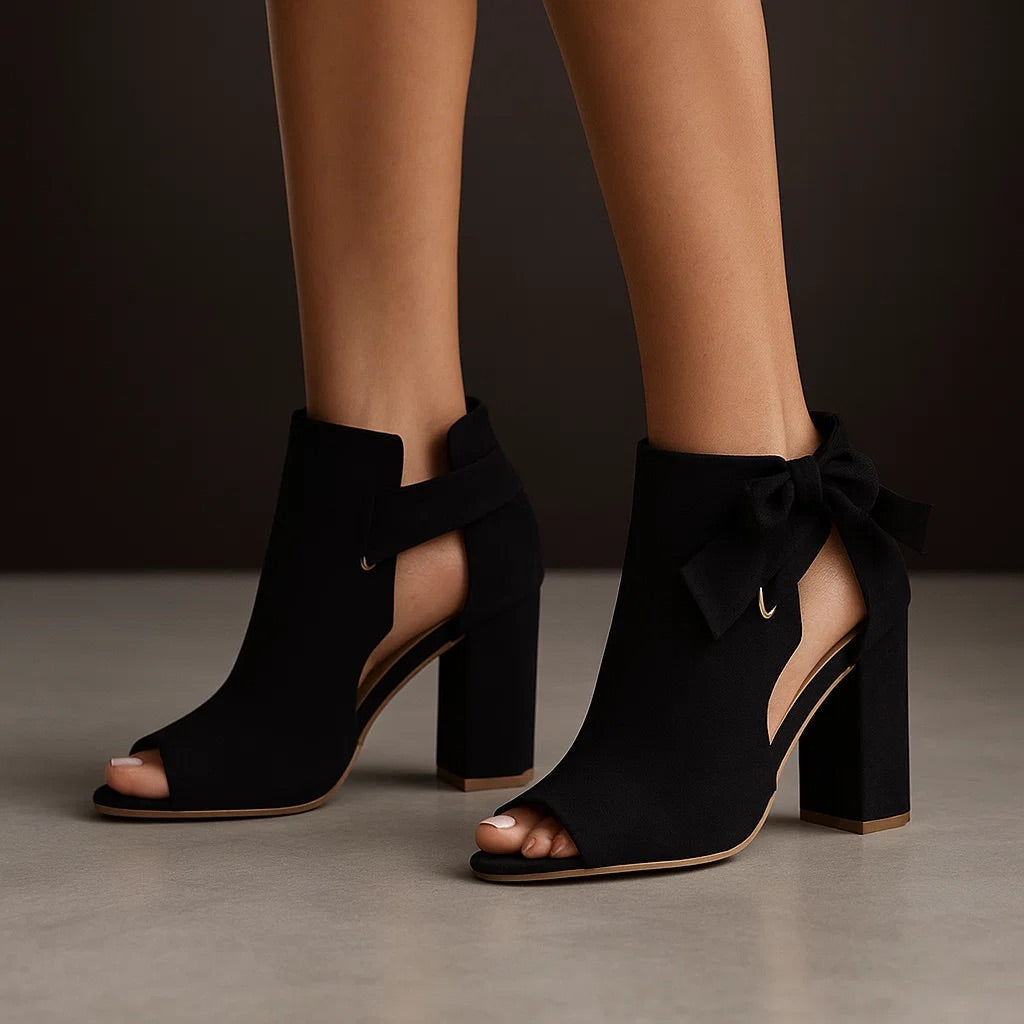 Women's Pumps, Peep Toe, Block Heel, Bow Accent - Black
