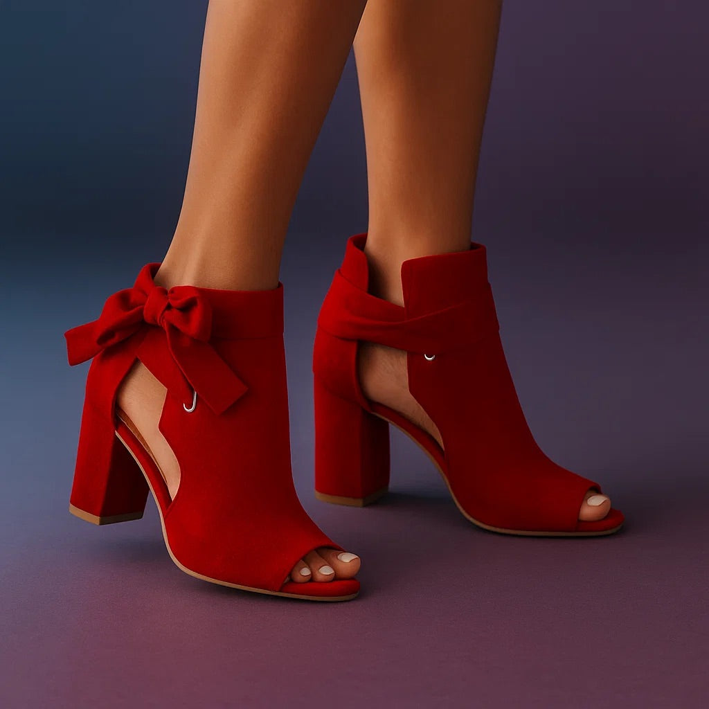 Women's Pumps, Peep Toe, Block Heel, Bow Accent - Red