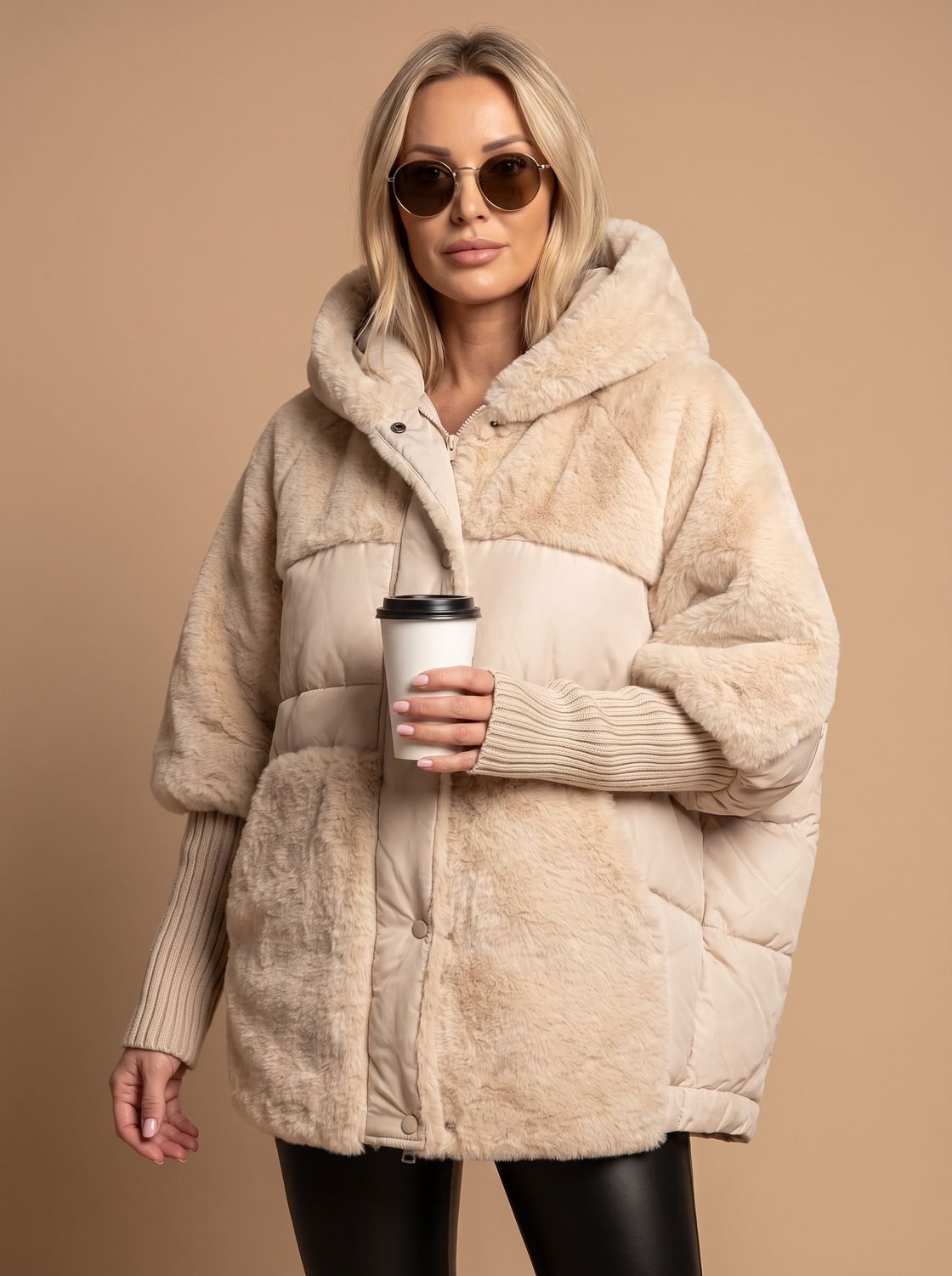 Oversized-Steppjacke für Damen mit Kunstfellbesatz und Kapuze